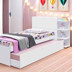 Cama Londres Com Cama Auxiliar Solteiro E Cabeceira Bau Gabrielli Cor Branco