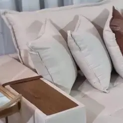 Sofa Cama Tebas 4 Lugares Retratil E Reclinavel 250cm Tecido Linho Foto Real Detalhe