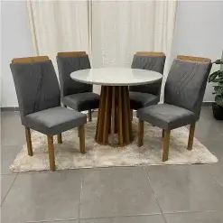 Mesa De Jantar Berlim Redonda Com 4 Cadeiras Cel Moveis Cinamomo Off White Foto Real
