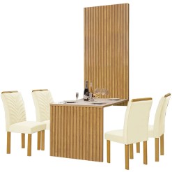 Mesa De Jantar Cancun 120x90 Com Painel Ripado Cel Moveis Cinamomo Off White Bege