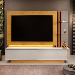 Estante Salone Para TV Ate 75 Polegadas Com LED 2 Portas DJ Bali Cedro