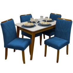 Mesa De Jantar Elegance 120x80 COM Vidro 4 Cadeiras California JCM Cinamomo Off White Azul
