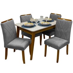 Mesa De Jantar Elegance 120x80 COM Vidro 4 Cadeiras California JCM Cinamomo Off White Cinza