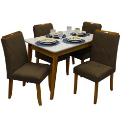 Mesa De Jantar Elegance 120x80 COM Vidro 4 Cadeiras California JCM Cinamomo Off White Marrom