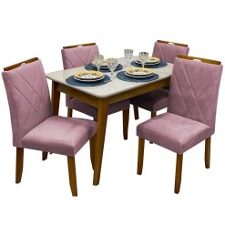 Mesa De Jantar Elegance 120x80 COM Vidro 4 Cadeiras California JCM Cinamomo Off White Rose