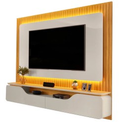 Painel Treviso Para TV Ate 70 Polegadas Ripado Com LED 2 Portas DJ Cor Bali Cedro