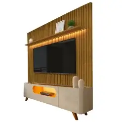 Rack Com Painel Nobre Sem Nicho 230cm Para TV Ate 85 Polegadas Ripado Com LED 2 Portas 1 Gaveta Gelius