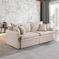Sofa Ravena Retratil Com Bau E Almofadas Soltas 3 Lugares Tecido Linho 200cm Arpan