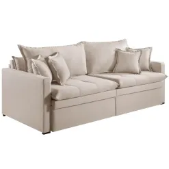 Sofa Ravena Retratil Com Bau E Almofadas Soltas 3 Lugares Tecido Linho 200cm Arpan Bege
