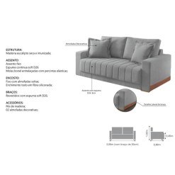Sofa Vicam Buzios Com Almofadas Soltas 3 Lugares Tecido Linho 200cm Vicam Medidas