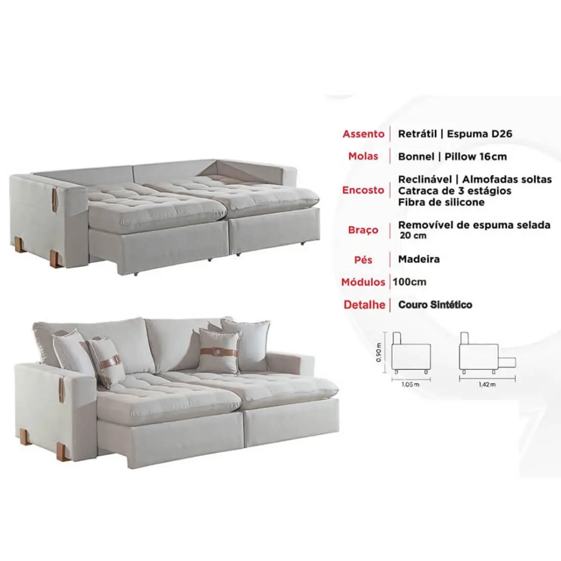 Sofa Cama Zeus 220cm 4 Lugares Retratil E Reclinavel Tecido Linho Innove Medidas