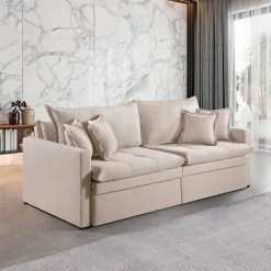 Sofa Ravena 220cm Retratil Com Bau E Almofadas Soltas 4 Lugares Tecido Linho Arpan