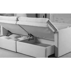 Sofa Ravena 220cm Retratil Com Bau E Almofadas Soltas 4 Lugares Tecido Linho Arpan Detalhe