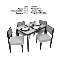 Mesa De Jantar Alegra 120x80 COM Vidro 4 Cadeiras Medidas