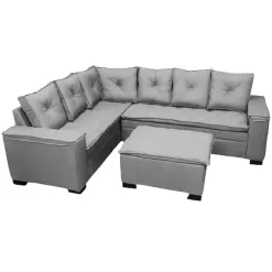 Sofa De Canto Florenca 6 Lugares Com Puff E Almofadas Soltas Tecido Linho Uniao Cinza
