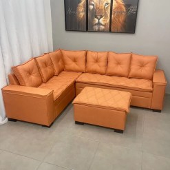Sofa De Canto Florenca 6 Lugares Com Puff E Almofadas Soltas Tecido Linho Uniao Foto Real