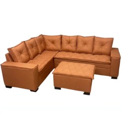 Sofa De Canto Florenca 6 Lugares Com Puff E Almofadas Soltas Tecido Linho Uniao Tijolo
