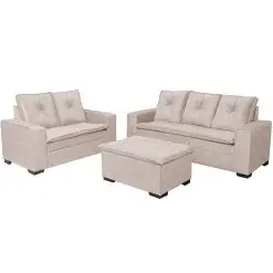 Conjunto De Sofa Turquia Em Linho 2 E 3 Lugares Com Puff Uniao Bege