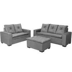 Conjunto De Sofa Turquia Em Linho 2 E 3 Lugares Com Puff Uniao Cinza