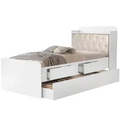 Cama Tamires Solteiro COM Cama Auxiliar 2 Gavetas E Bau Cambel Branco