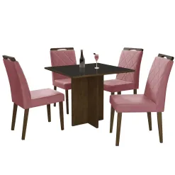 Mesa De Jantar Los Angeles 90x90cm Em Linho Com 4 Cadeiras Minas Plac Canela Grafite Rose