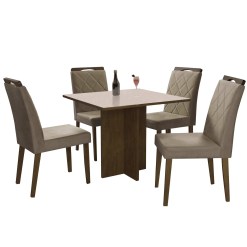 Mesa De Jantar Los Angeles 90x90cm Em Linho Com 4 Cadeiras Minas Plac Canela Off White Bege