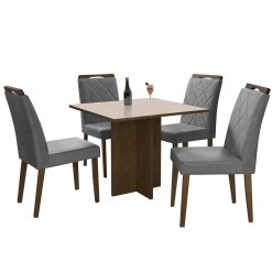 Mesa De Jantar Los Angeles 90x90cm Em Linho Com 4 Cadeiras Minas Plac Canela Off White Cinza