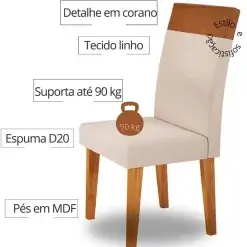 Mesa De Jantar Viena 160x90cm Com 6 Cadeiras Turim Tecido Linho Viero Detalhe Cadeira