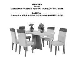 Mesa De Jantar Viena 160x90cm Com 6 Cadeiras Turim Tecido Linho Viero Medidas