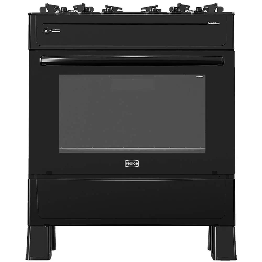 Fogao Smart Glass 5 Bocas Automatico Forno 94L Realce Preto