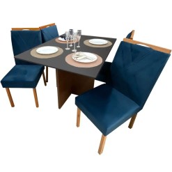 Mesa De Jantar Helo 120x90cm Em Linho Com 4 Cadeiras California Poliman Mel Grafite Azul