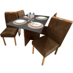 Mesa De Jantar Helo 120x90cm Em Linho Com 4 Cadeiras California Poliman Mel Grafite Marrom