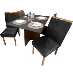 Mesa De Jantar Helo 120x90cm Em Linho Com 4 Cadeiras California Poliman Mel Grafite Preto