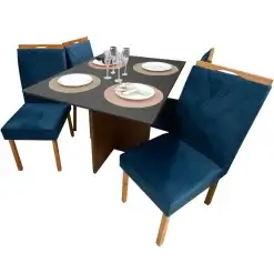 Mesa De Jantar Helo 120x90cm Em Veludo Com 4 Cadeiras California Poliman Mel Grafite Azul