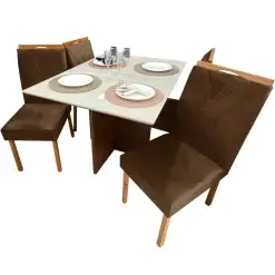 Mesa De Jantar Helo 120x90cm Em Veludo Com 4 Cadeiras California Poliman Mel Off White Marrom