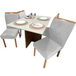 Mesa De Jantar Helo 120x90cm Em Veludo Com 4 Cadeiras California Poliman Mel Off White Prata
