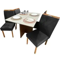 Mesa De Jantar Helo 120x90cm Em Veludo Com 4 Cadeiras California Poliman Mel Off White Preto