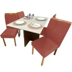 Mesa De Jantar Helo 120x90cm Em Veludo Com 4 Cadeiras California Poliman Tecido Cor Cobre