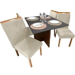 Mesa De Jantar Helo 90x90cm Em Linho Com 4 Cadeiras California Poliman Mel Grafite Bege