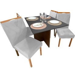Mesa De Jantar Helo 90x90cm Em Linho Com 4 Cadeiras California Poliman Mel Grafite Prata