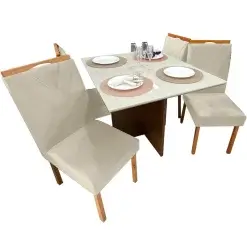 Mesa De Jantar Helo 90x90cm Em Linho Com 4 Cadeiras California Poliman Mel Off White Bege