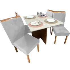Mesa De Jantar Helo 90x90cm Em Linho Com 4 Cadeiras California Poliman Mel Off White Prata