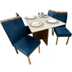 Mesa De Jantar Helo 90x90cm Em Veludo Com 4 Cadeiras California Poliman Mel Off White Azul