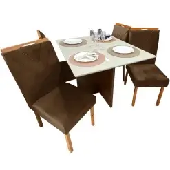 Mesa De Jantar Helo 90x90cm Em Veludo Com 4 Cadeiras California Poliman Mel Off White Marrom