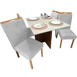 Mesa De Jantar Helo 90x90cm Em Veludo Com 4 Cadeiras California Poliman Mel Off White Prata