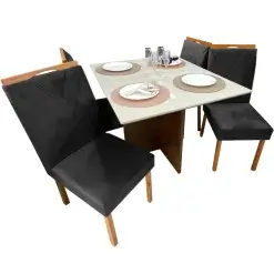 Mesa De Jantar Helo 90x90cm Em Veludo Com 4 Cadeiras California Poliman Mel Off White Preto