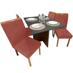 Mesa De Jantar Helo 90x90cm Em Veludo Com 4 Cadeiras California Poliman Tecido Cobre