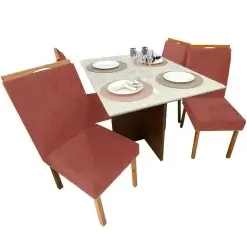 Mesa De Jantar Helo 90x90cm Em Veludo Com 4 Cadeiras California Poliman Tecido Cor Cobre