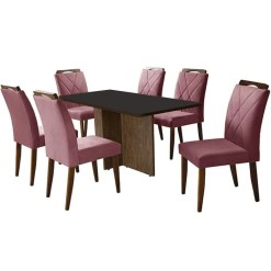 Mesa De Jantar Los Angeles 160x80cm Em Linho Com 6 Cadeiras California Minas Plac Canela Grafite Rose