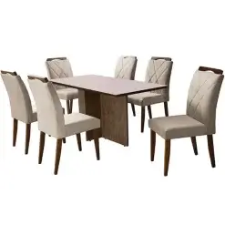 Mesa De Jantar Los Angeles 160x80cm Em Linho Com 6 Cadeiras California Minas Plac Canela Off White Bege
